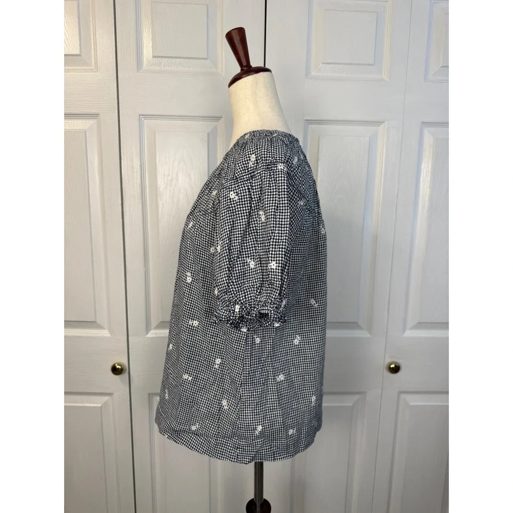 NEW Madewell Linen Blend Gingham Embroidered Floral Puff Sleeve Blouse Top S